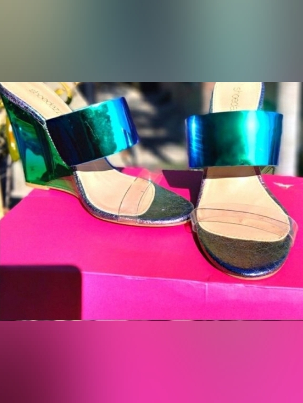 Iridescent Blue-Green Slip-On Wedge Sandals NWB